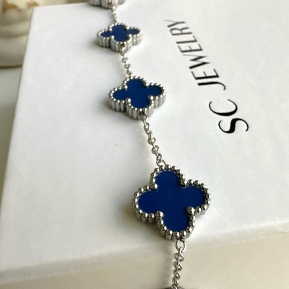 🎄 HOLIDAY PICK 🎄 Clover Bracelet Royal Blue & Silver Double Sided Four Leaf - Picture 2 of 13